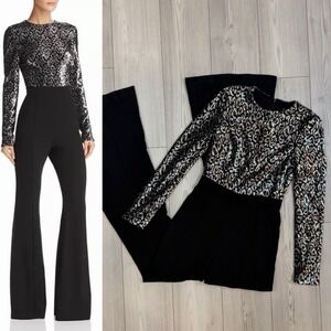 Black Halo Womens 2 Lazaro Sequined Silver Black Leopard Jumpsuit Pantsuit